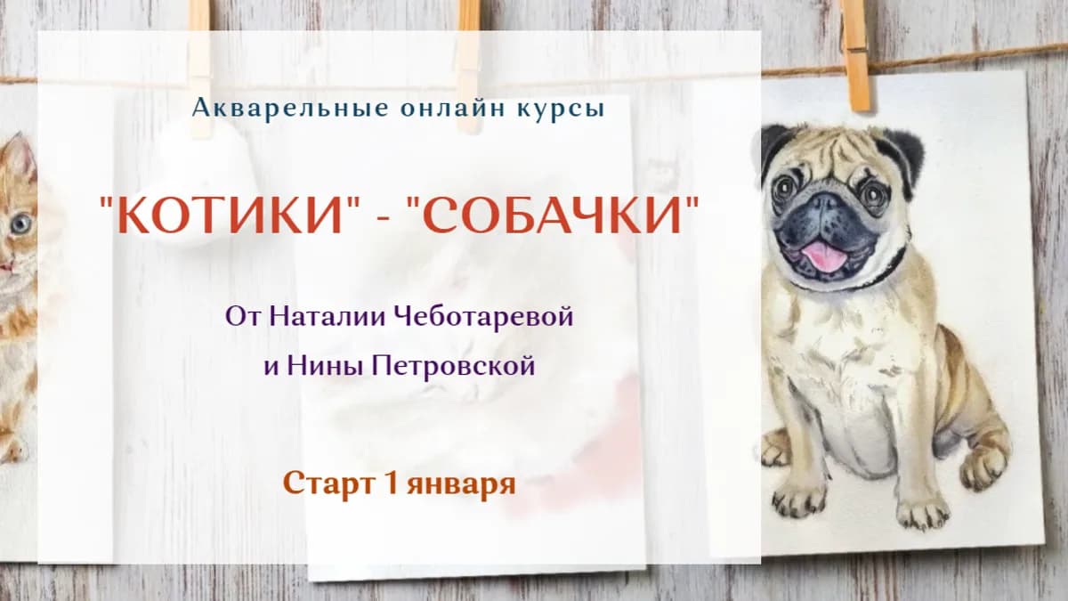 Обложка курса: Котики + Собачки. Акварельные курсы. Тариф: базовый (Наталия Чеботарева, Нина Петровская). Площадка: Складчина.biz