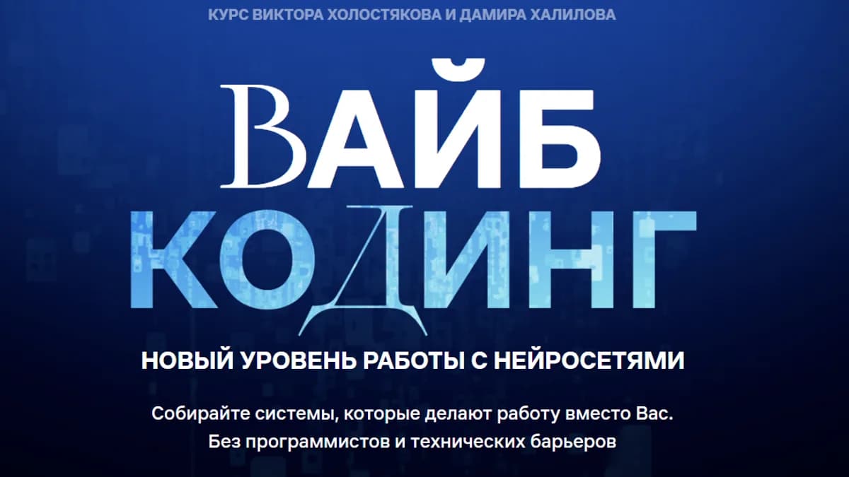 Обложка курса: Вайб-кодинг:новый уровень работы с нейросетями. Тариф Продвинутый (Дамир Халилов, Виктор Холостяков). Площадка: Складчина.biz
