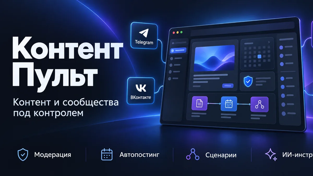 Обложка курса: Контент Пульт — Telegram, Max, ВКонтакте и сайт в одной панели: автопостинг, модерация и ИИ. Площадка: Складчик
