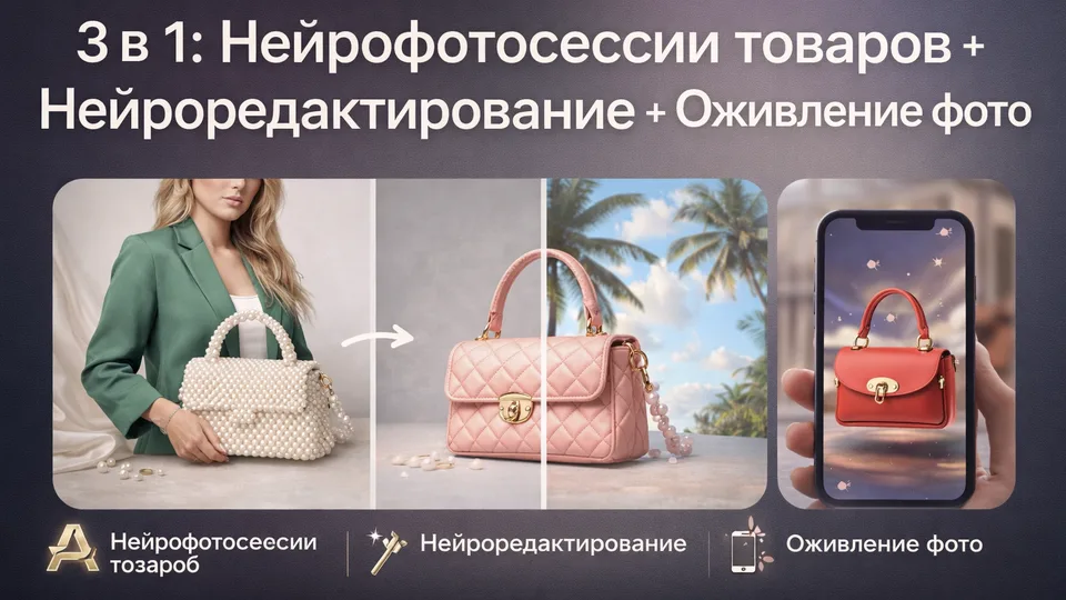 3 в 1: Нейрофотосессии товаров + Нейроредактирование + Оживление фото